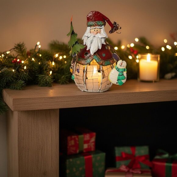 Santa Claus Christmas Tea Light Holder Metal & Resin Festive Décor - Picture 2 of 5